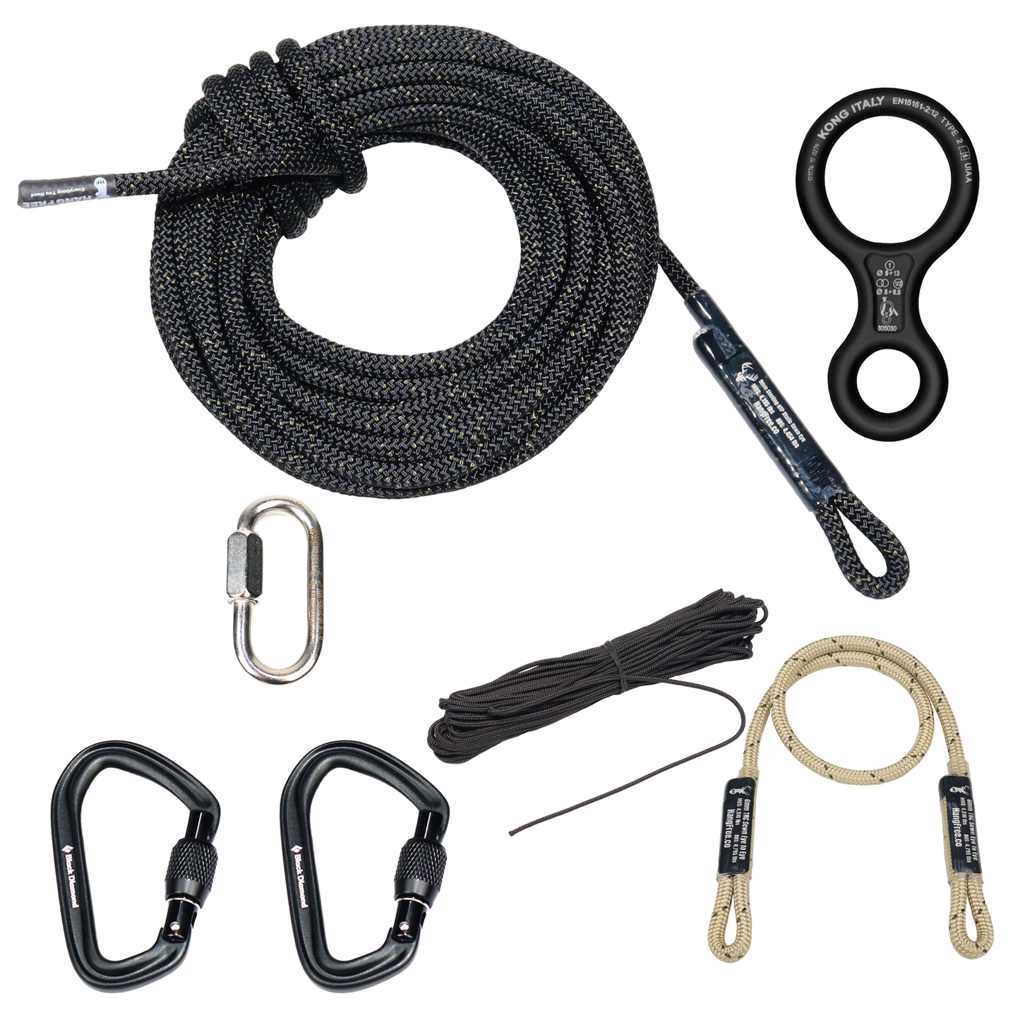 9mm HTP One Stick/Rappel Rope with Kong Figure 8, Steel Quick Link, Backup sewn eye to eye connector, two screwgate carabiners, and pull up/down rope.