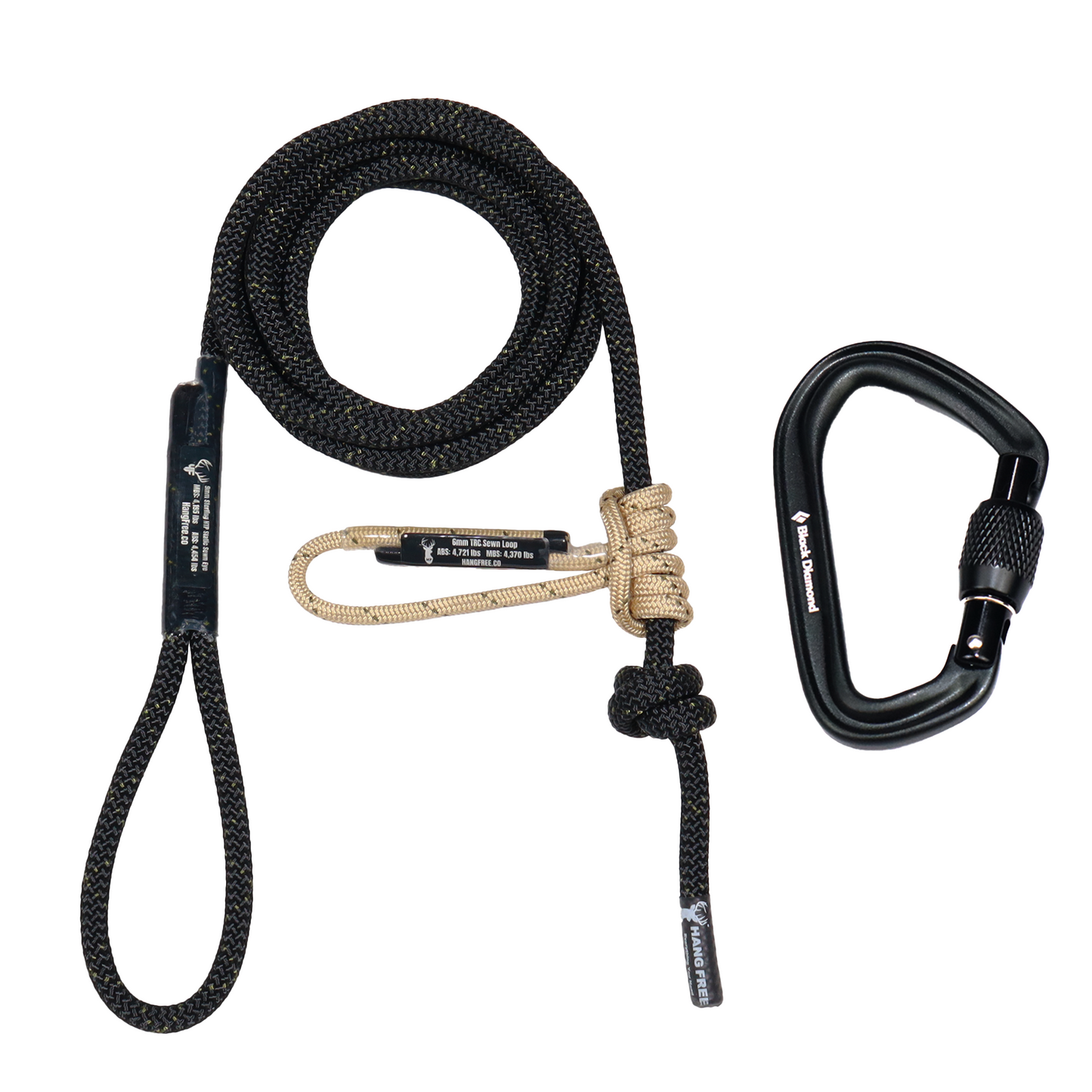 9mm HTP Standard Sewn Tree Tether & Lineman's Belt with TRC Sewn Loop Prusik Tied Onto Main Line and Carabiner next to rope.