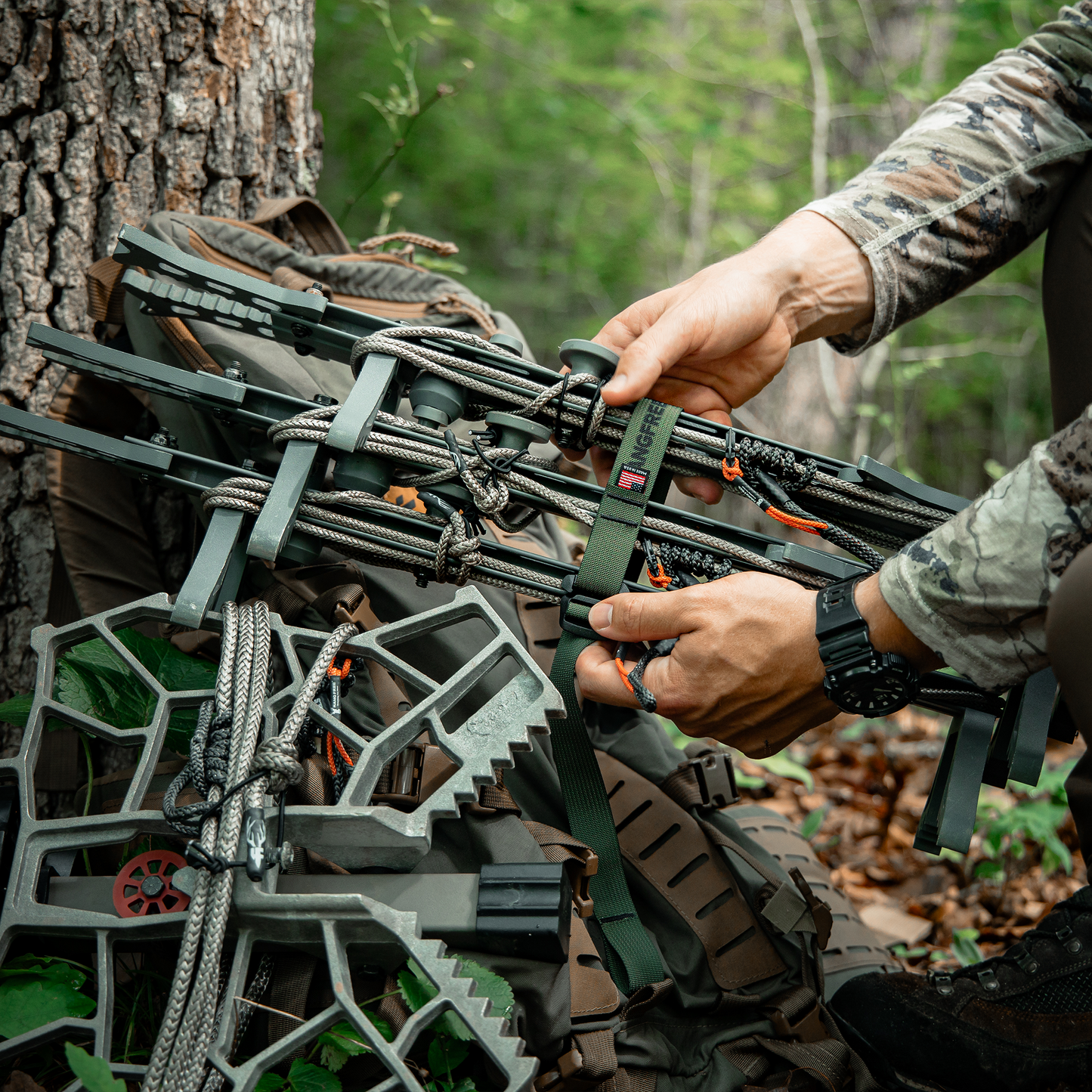 Climbing Stick Compression Strap In Use On Sticks