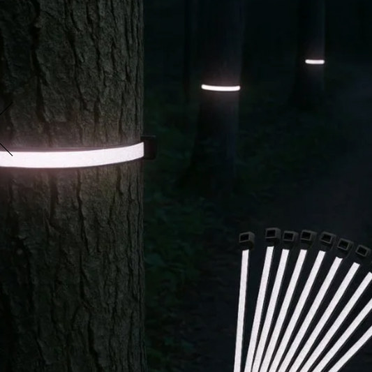 Reflective gear zips on tree and in front of camera pictured at night.