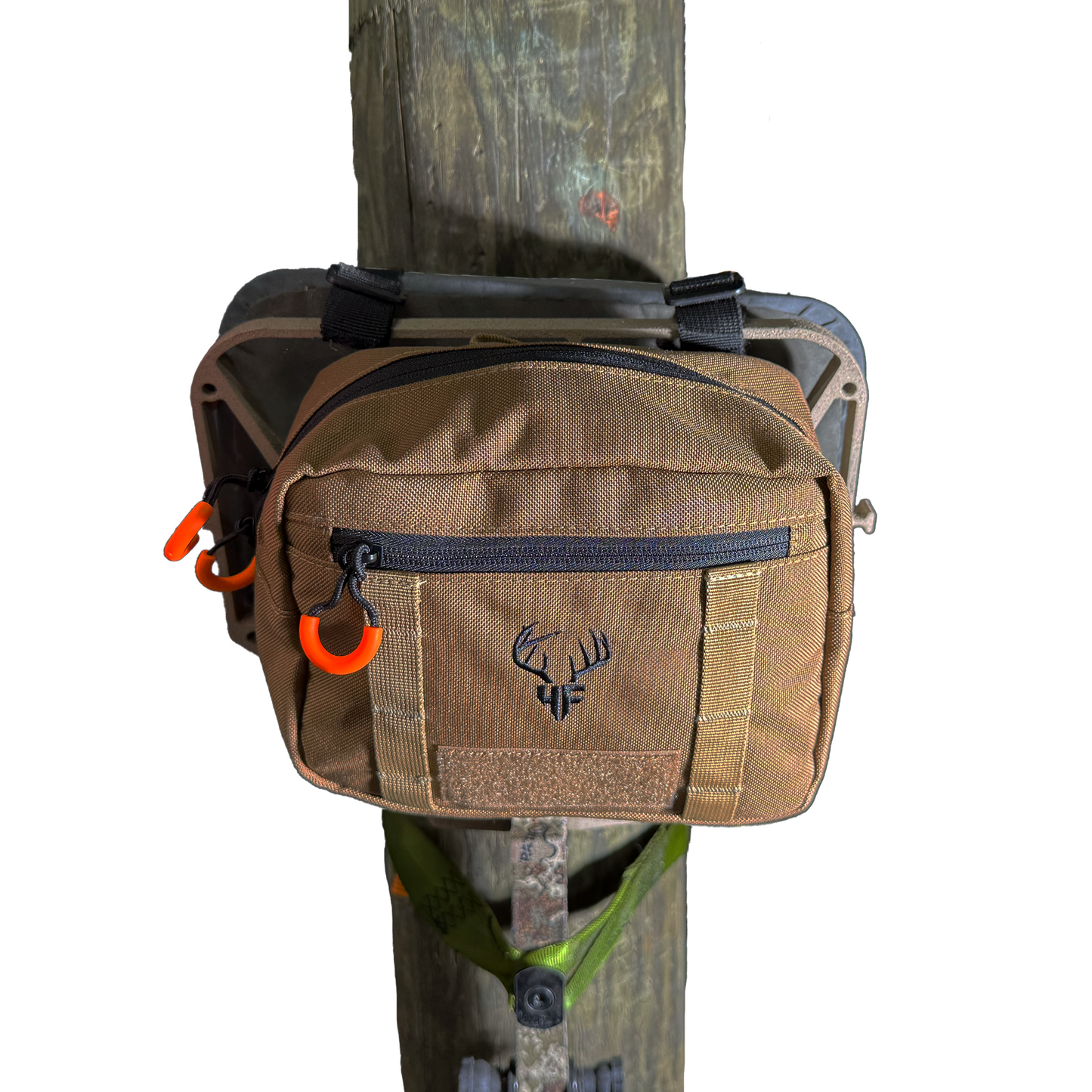 'SideKick' Saddle Bag o the underside of a Hang On Saddle Hunting stand. Front zipper and Orange pull tabs can be seen.