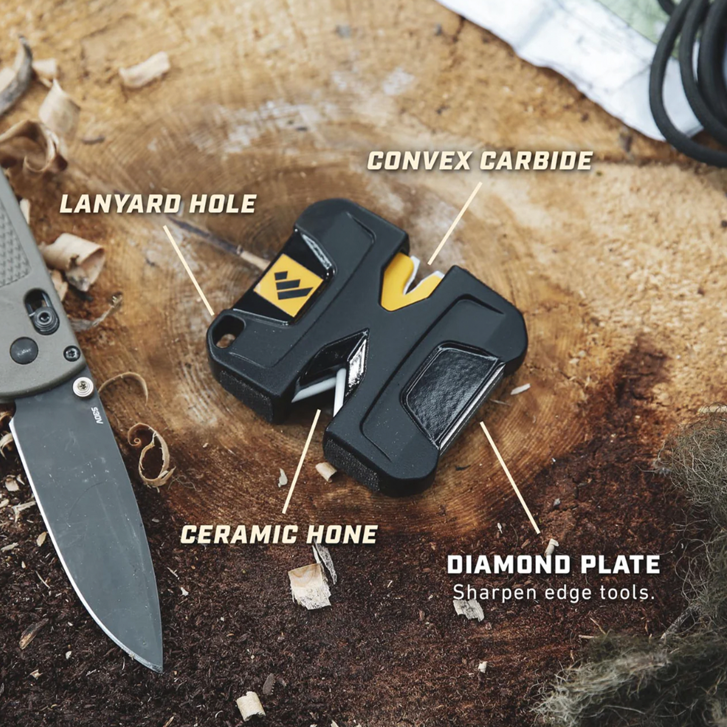 Work Sharp Pivot™ Knife Sharpener With Labeled Parts on Stump Background
