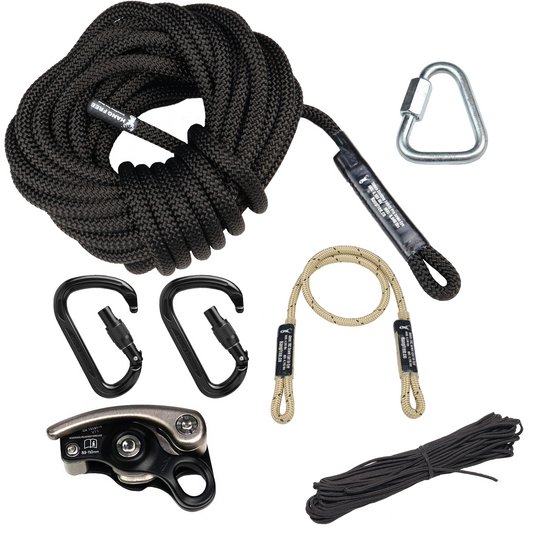 10mm BlackOut Deluxe One Stick/Rappel Rope, Steel Triangle Quick Link, Two MadRock HMS Screwgate Carabiners, 6mm TRC Sewn Eye to Eye Connector, and MadRock Safeguard. 