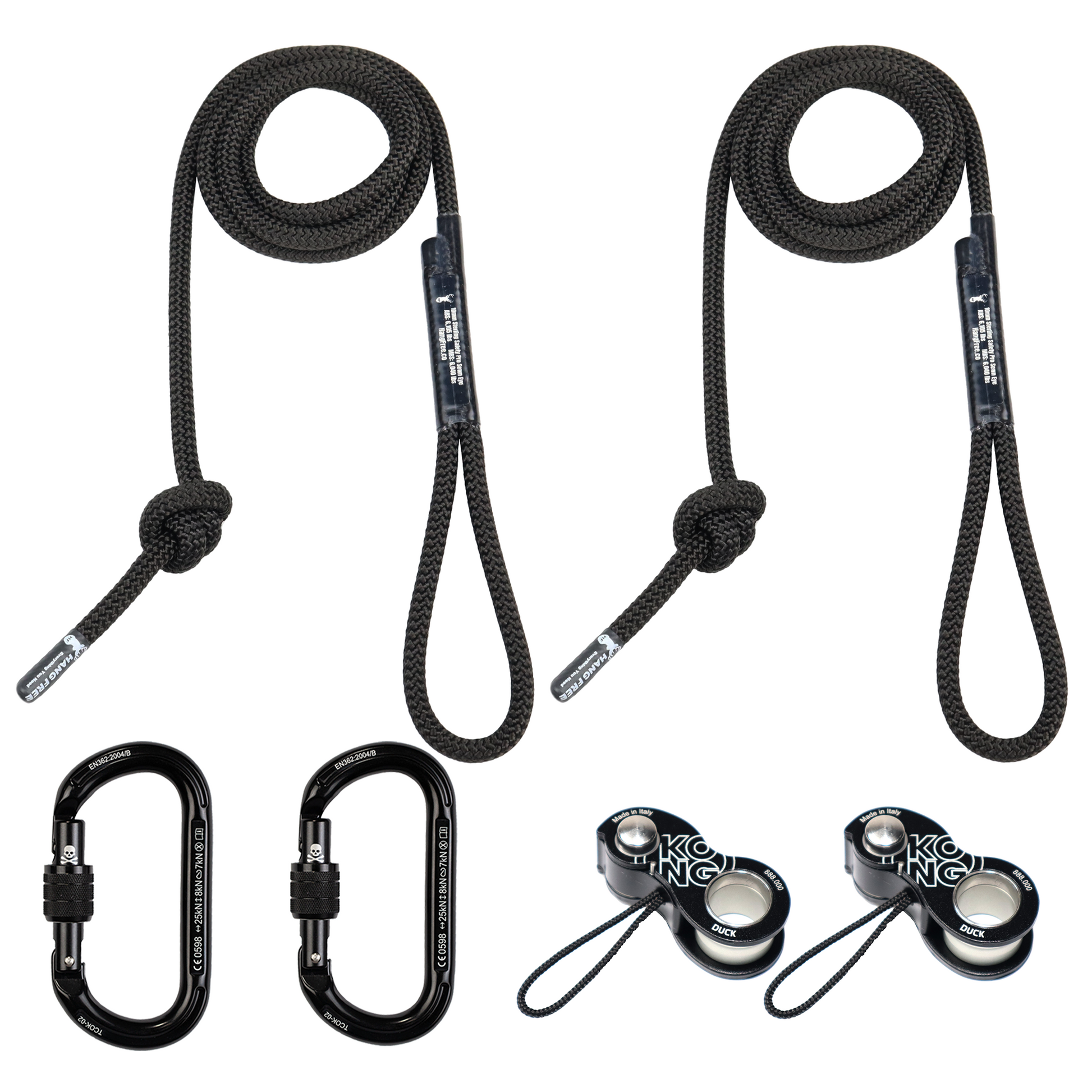 10mm BlackOut Deluxe Sewn Tether & Lineman Package With Two Kong Ducks and Two Trango Oval K Carabiners