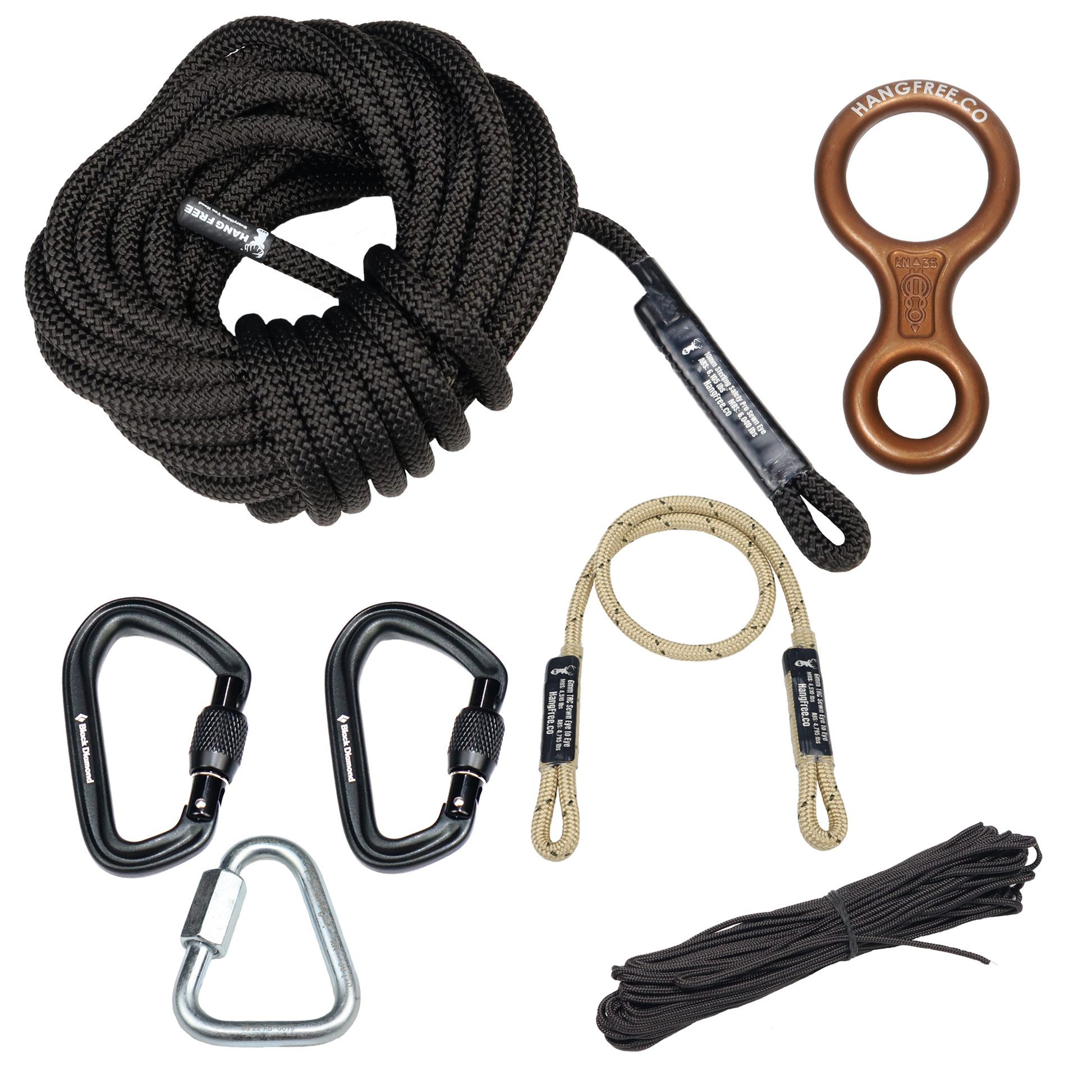 10mm BlackOut One Stick/Rappel Rope with Sewn Eye, Kong Figure 8 Rappel Device, Two HotForge Screwgate Carabiners, 6mm TRC Sewn eye to eye connector, 2mm Accessory Cord Pull up/down Rope, and Steel Triangle Quick Link. 