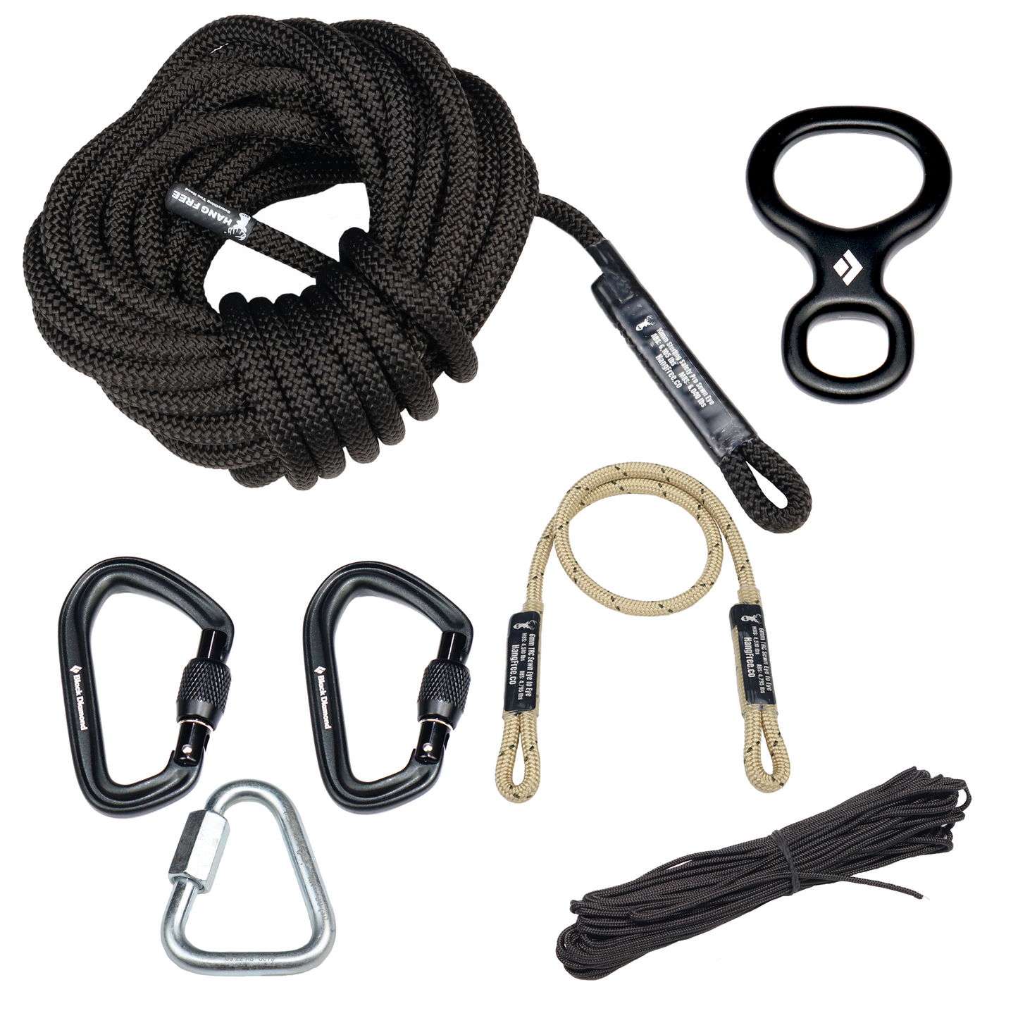 10mm BlackOut One Stick/Rappel Rope with Sewn Eye, Kong Figure 8 Rappel Device, Two HotForge Screwgate Carabiners, 6mm TRC Sewn eye to eye connector, 2mm Accessory Cord Pull up/down Rope, and Steel Triangle Quick Link. 