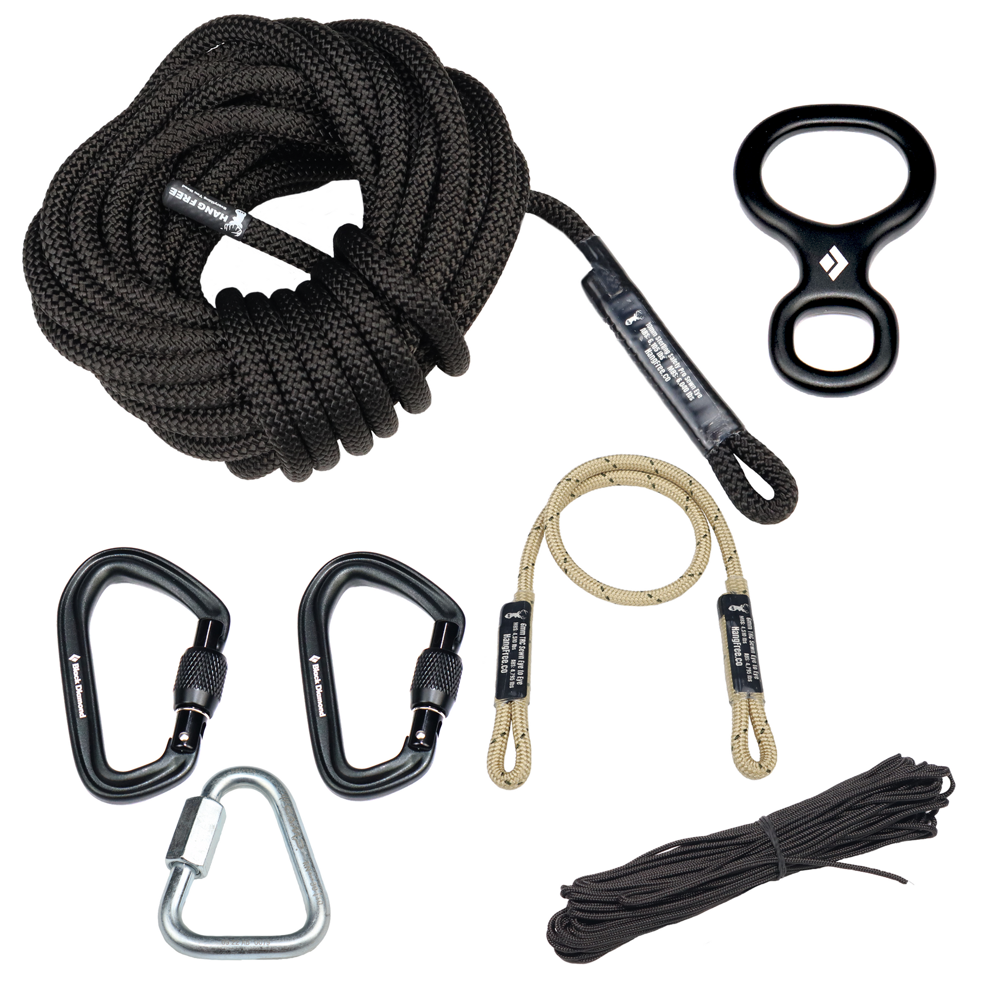 10mm BlackOut One Stick/Rappel Rope with Sewn Eye, Kong Figure 8 Rappel Device, Two HotForge Screwgate Carabiners, 6mm TRC Sewn eye to eye connector, 2mm Accessory Cord Pull up/down Rope, and Steel Triangle Quick Link. 