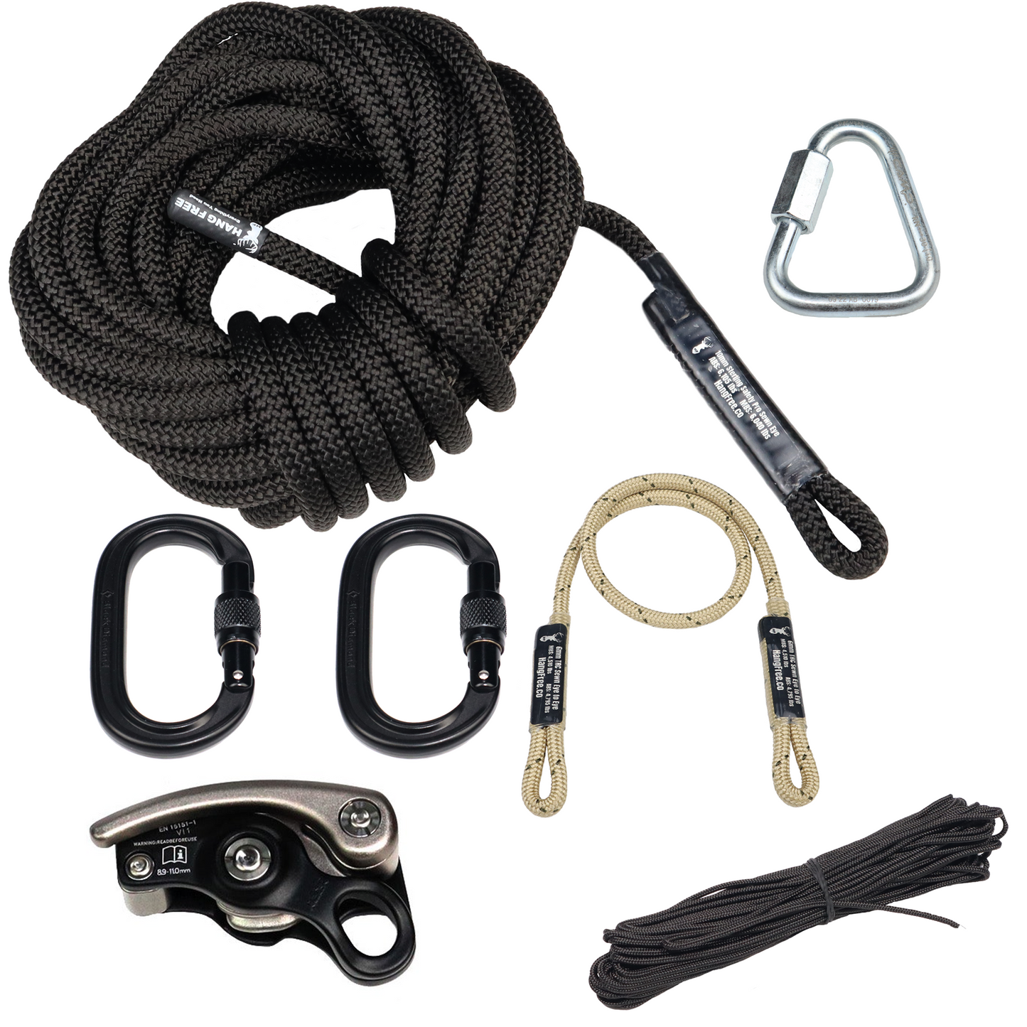 10mm BlackOut Deluxe One Stick/Rappel Rope, Steel Triangle Quick Link, Two Oval Screwgate Carabiners, 6mm TRC Sewn Eye to Eye Connector, and MadRock Safeguard. 