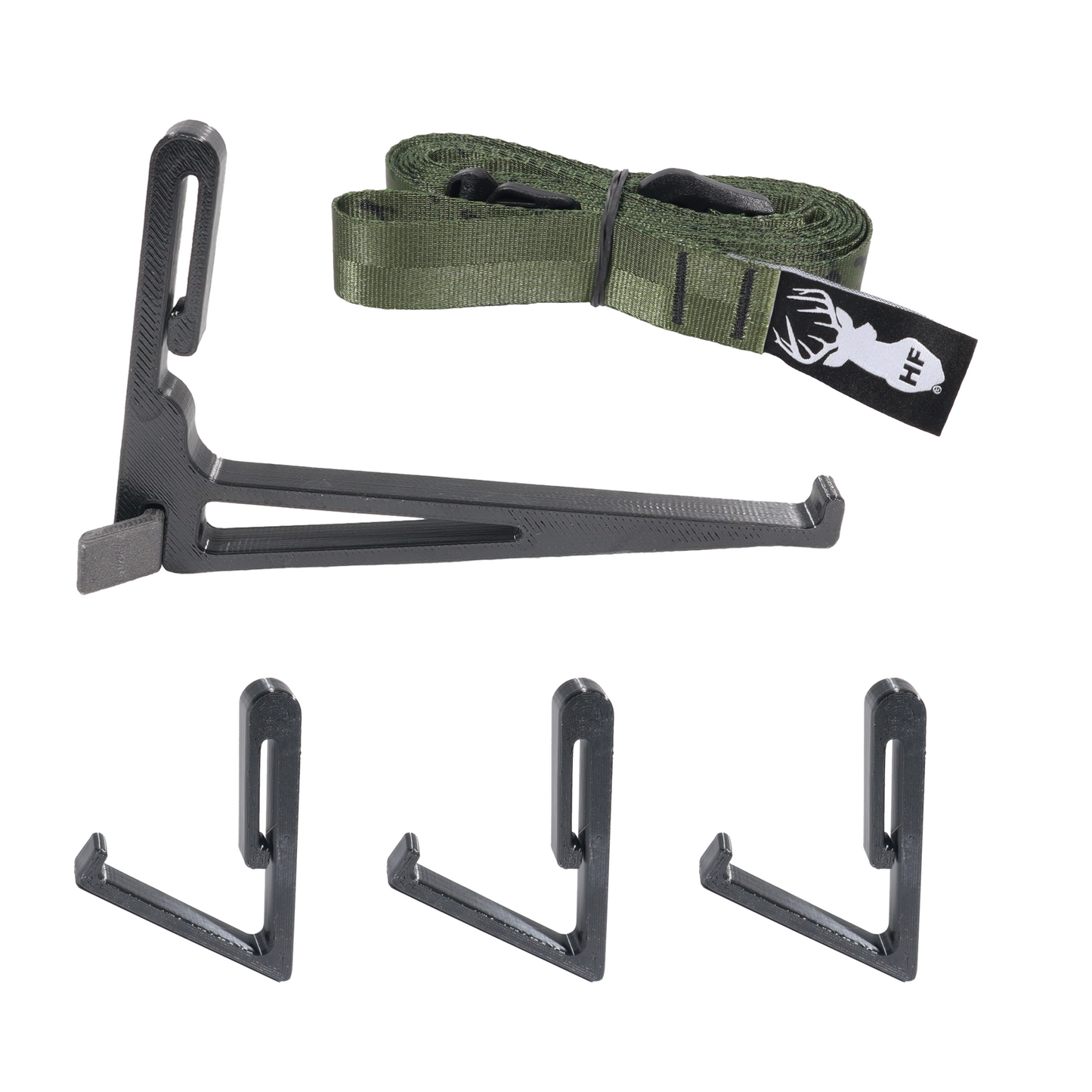 3D Printed Quick Bow/Gear Hanger Kit With Strap and All Pieces On White Background