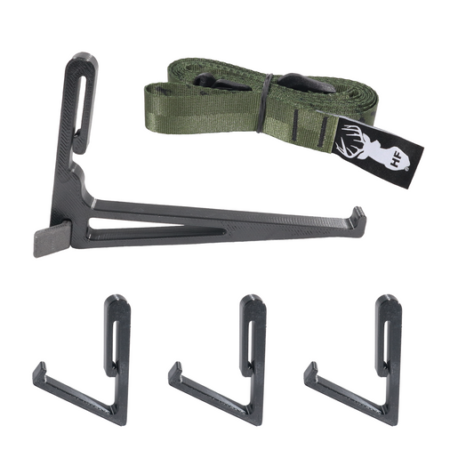 3D Printed Quick Bow/Gear Hanger Kit With Strap and All Pieces On White Background