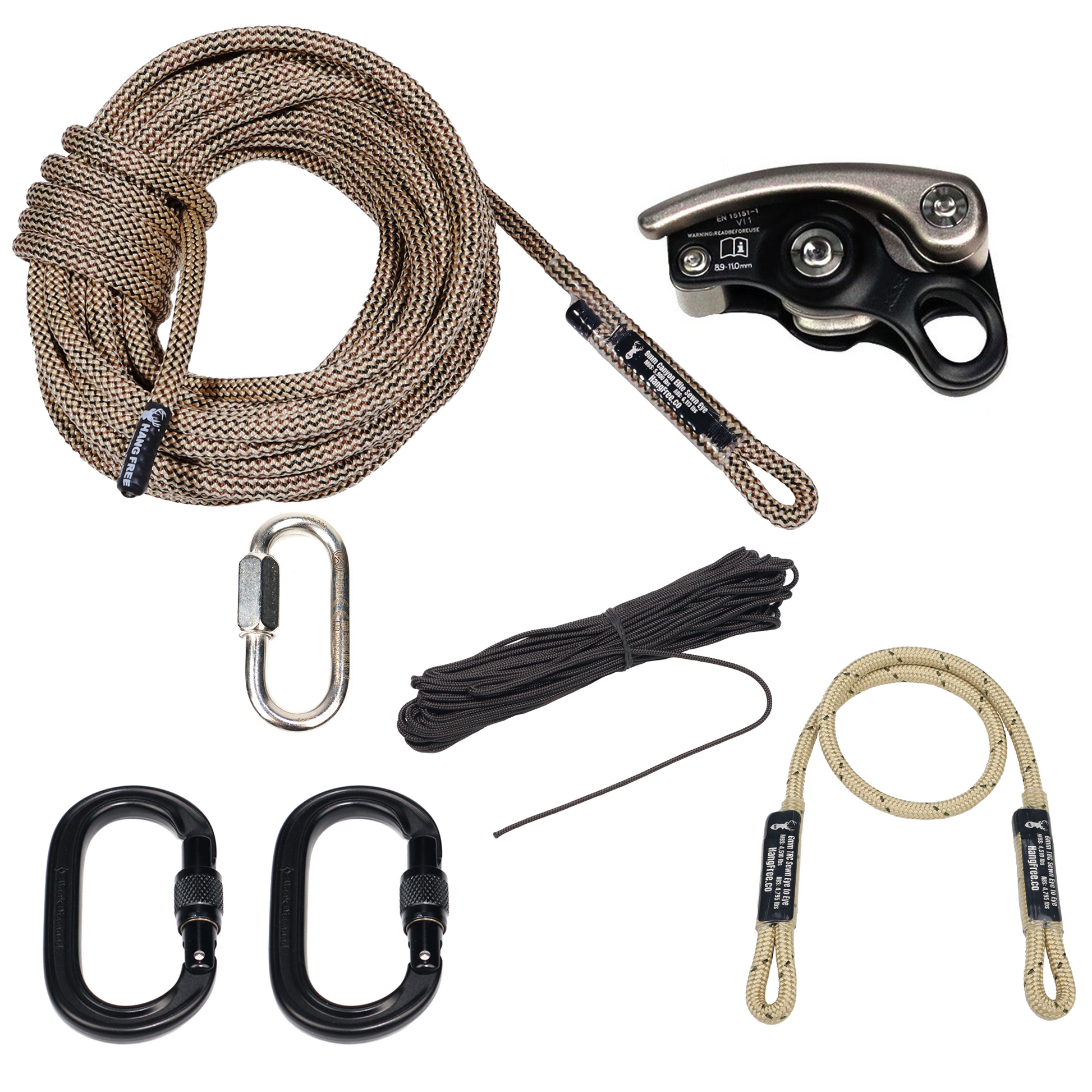9mm Canyon Elite 'Ghost' Deluxe One Stick/Rappel Rope with MadRock Safeguard, Steel Quick Link, Two Oval Screwgate Carabiners, pull up/down rope, and backup sewn eye to eye connector. 