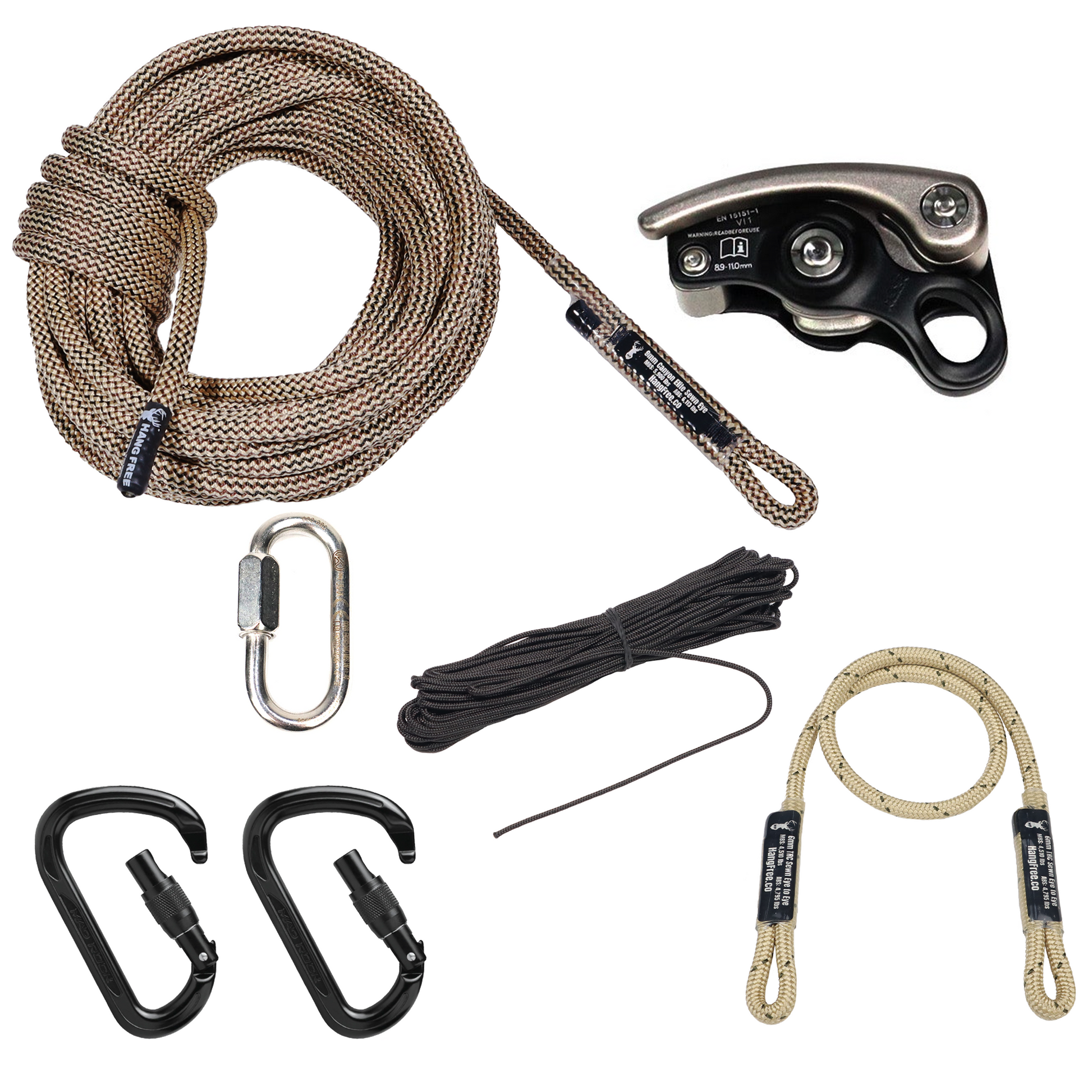 9mm Canyon Elite 'Ghost' Deluxe One Stick/Rappel Rope with MadRock Safeguard, Steel Quick Link, Two HMS Screwgate Carabiners, pull up/down rope, and backup sewn eye to eye connector. 