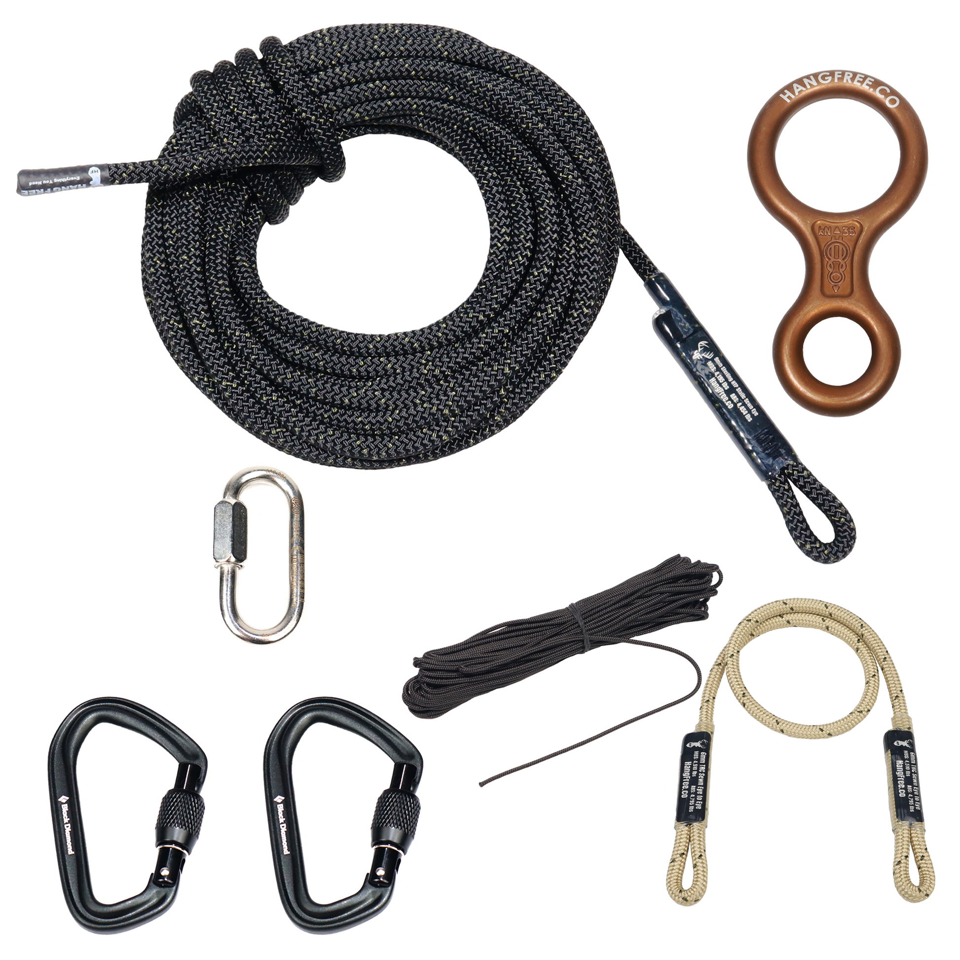 9mm HTP One Stick/Rappel Rope with Kong Figure 8, Steel Quick Link, Backup sewn eye to eye connector, two screwgate carabiners, and pull up/down rope. 
