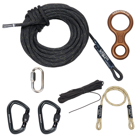 9mm HTP One Stick/Rappel Rope with Kong Figure 8, Steel Quick Link, Backup sewn eye to eye connector, two screwgate carabiners, and pull up/down rope. 