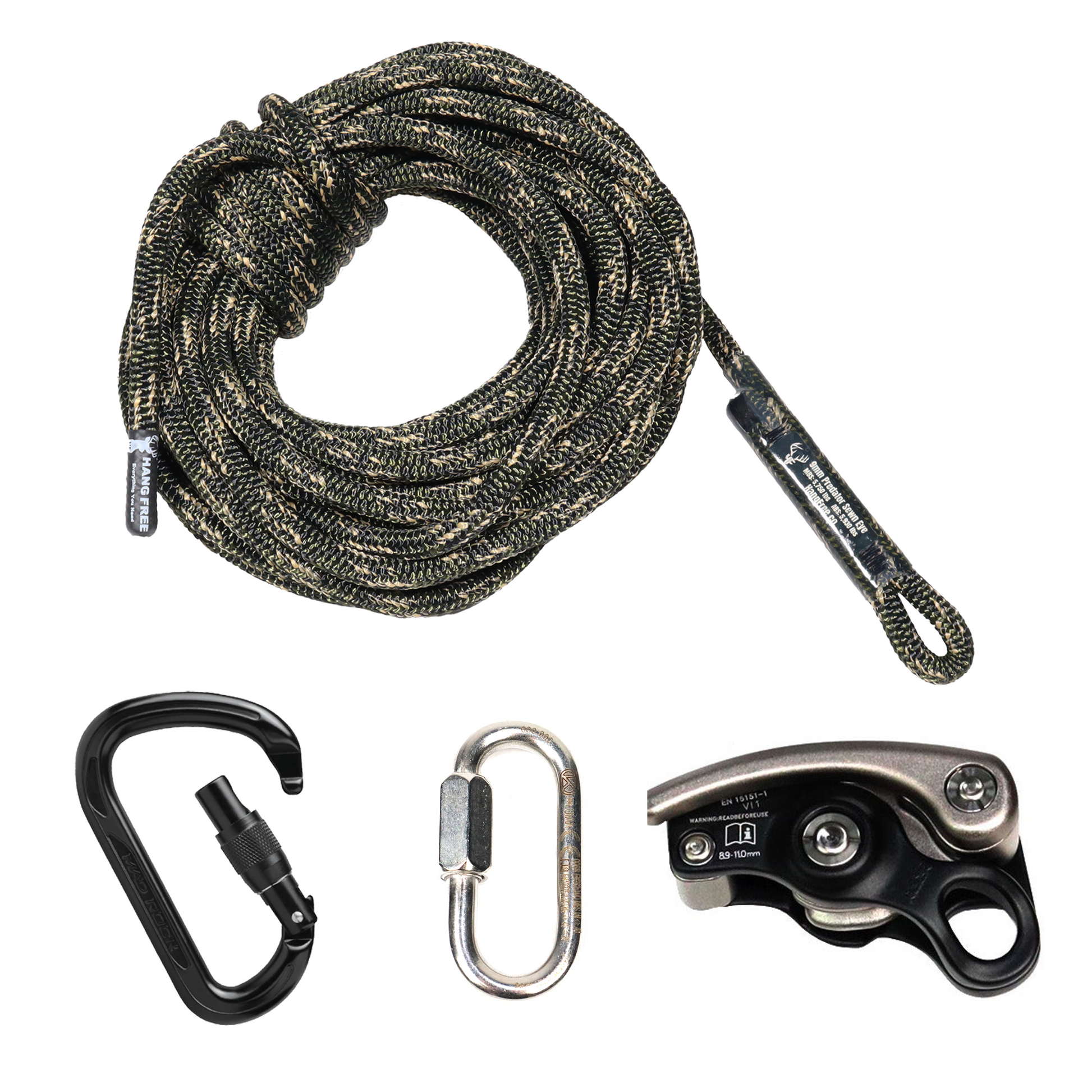 9mm Predator™ Deluxe One Stick/Rappel Half Kit With MadRock Safeguard, Steel Oval Quick Link, And MadRock Hulk HMS Screw Carabiner.
