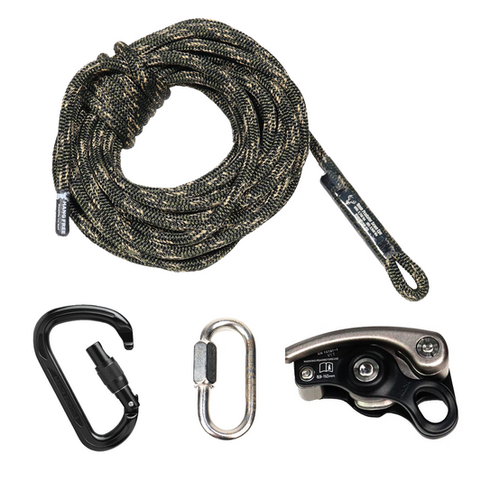 9mm Predator™ Deluxe One Stick/Rappel Half Kit With MadRock Safeguard, Steel Oval Quick Link, And MadRock Hulk HMS Screw Carabiner.