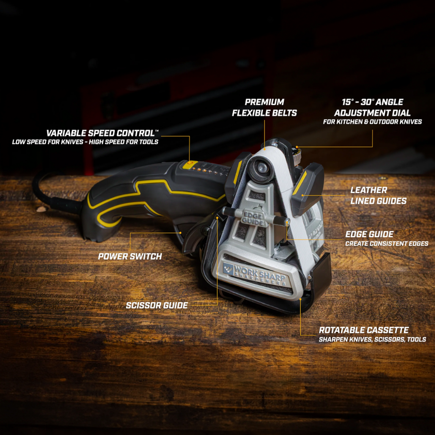 Work Sharp Ken Onion Edition Knife & Tool Sharpener Mk.2™ with Parts and specs listed on table background