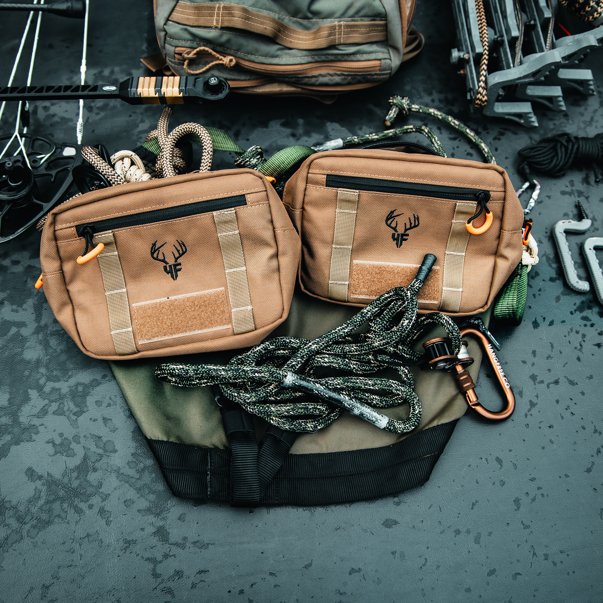 Two SideKick Saddle Bags Sitting On Saddle On Ground Above Deluxe Tether. 