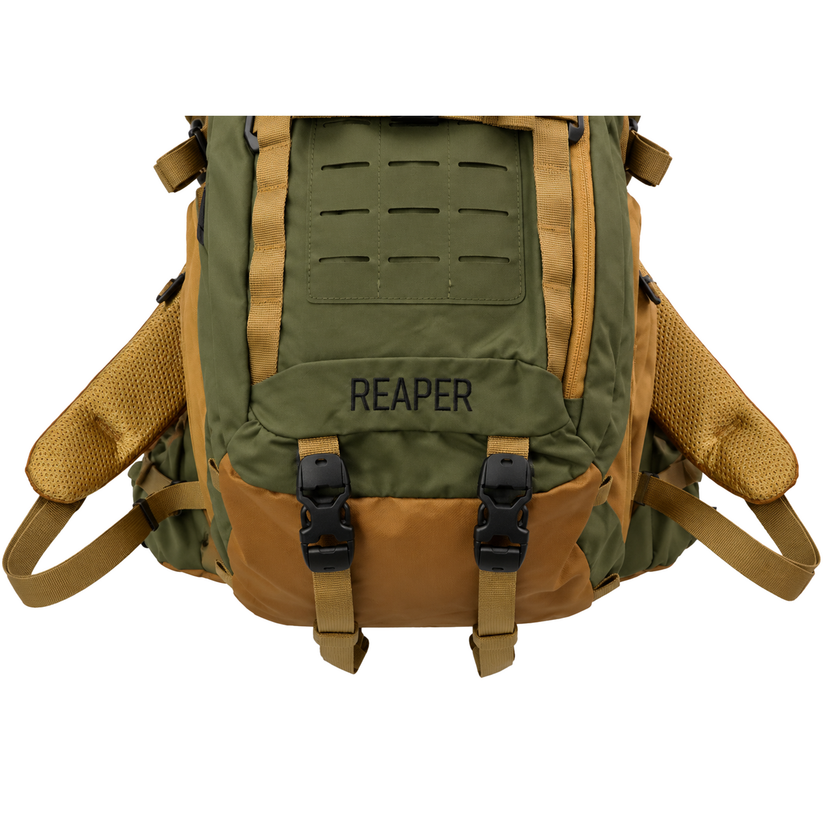 REAPER™ Pack Front Molle Webbing Panel & Locking Side Release Buckles On Bottom Of Pack.