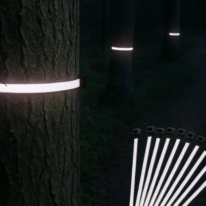 Reflective gear zips on tree and in front of camera pictured at night.