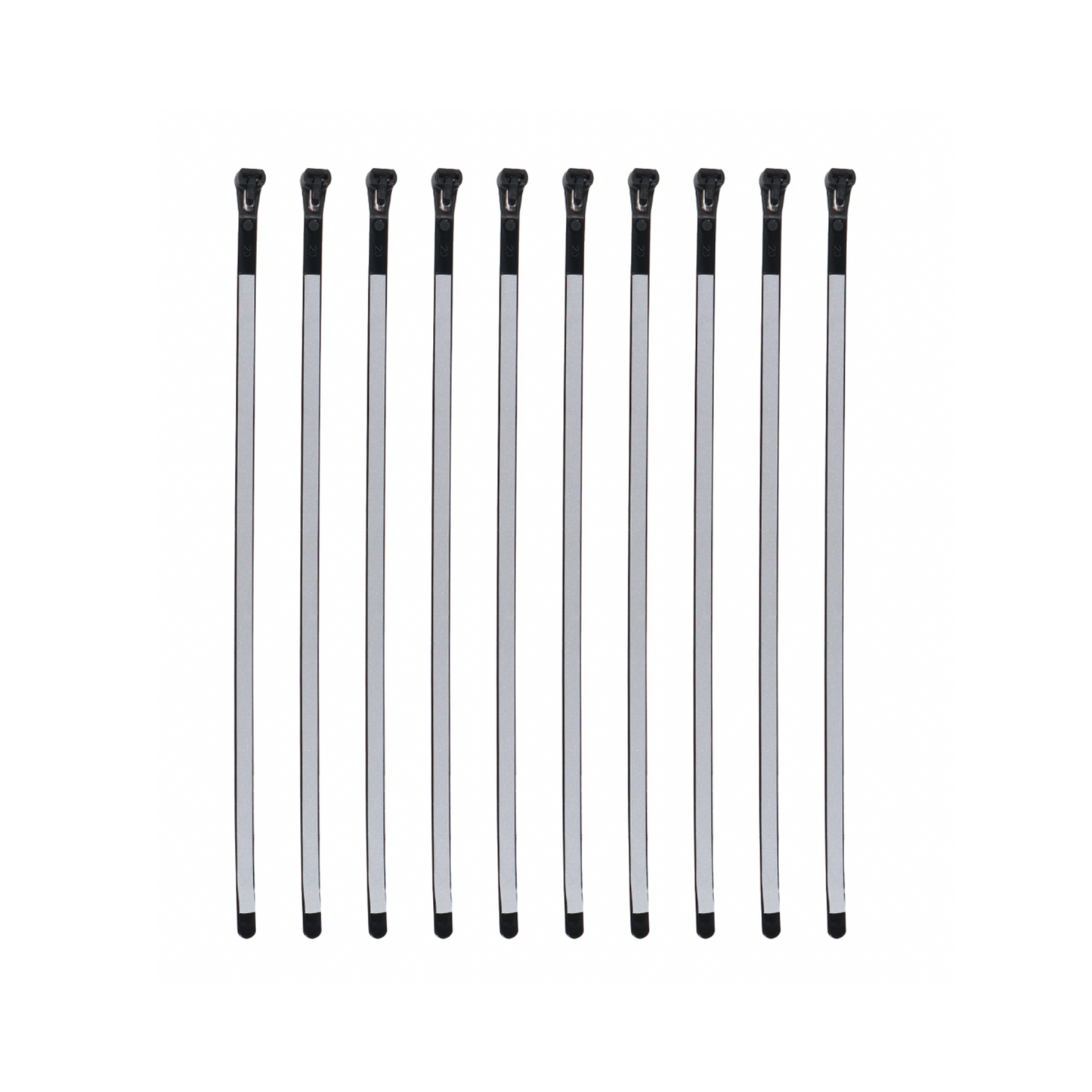 12" Reusable Reflective Zip Ties 10 Pack on White Background.