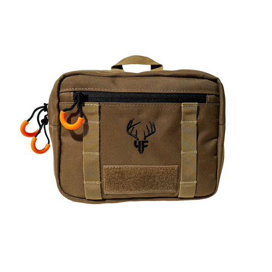 'SideKick' Saddle Hunting Bag Front Side showing molle webbing, Orange Zippers, And loop position for patches.