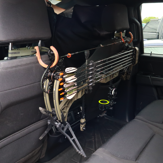 Bow Hanger Kit For Cars/Trucks In use hanging bow in the back of the car