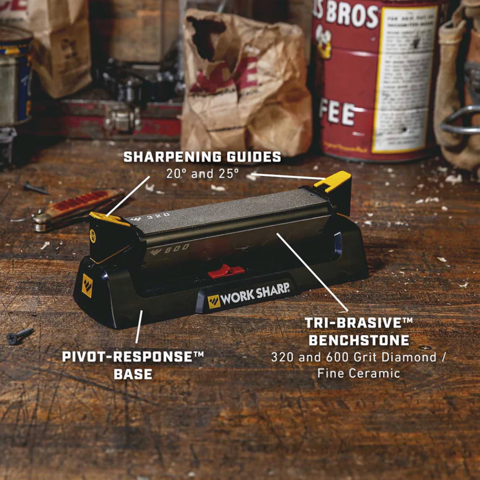 Work Sharp Benchstone Knife Sharpener With Parts labeled on workbench background.