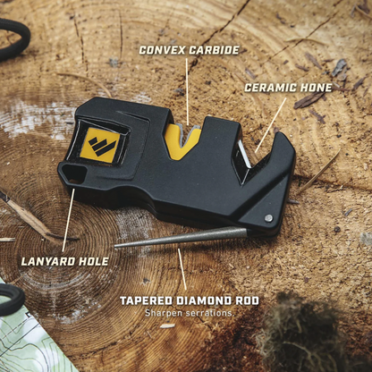 Work Sharp Pivot Plus™ Knife Sharpener with labeled parts on stump background